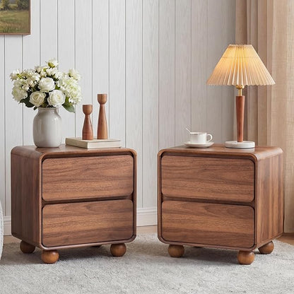 Small Night Stand Set of 2, Mid Century Modern Nightstands with 2 Drawers and Solid Wood Legs, 2 Drawer Dresser Curved Profile Design End Table Side Table for Small Space, Dorm, Bedroom(Walnut)