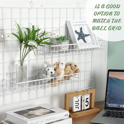 Blulu 4 Pcs 15.75 x 3.94 x 1.97 Inch Metal Grid Wall Baskets with Hooks Grid Wall Shelves Hanging Wire Basket Multi Function Storage Organizer for Kitchen Organizing Display (White)