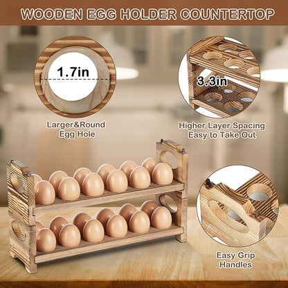 Wooden Egg Holder & Storage-3Tier /36-Hole Stackable Holds Fresh Eggs, Farmhouse Eggs Rack Wood, Rustic Countertop Chicken Egg Organizer Wood with Distressed Finish for Home Kitchen Decoration