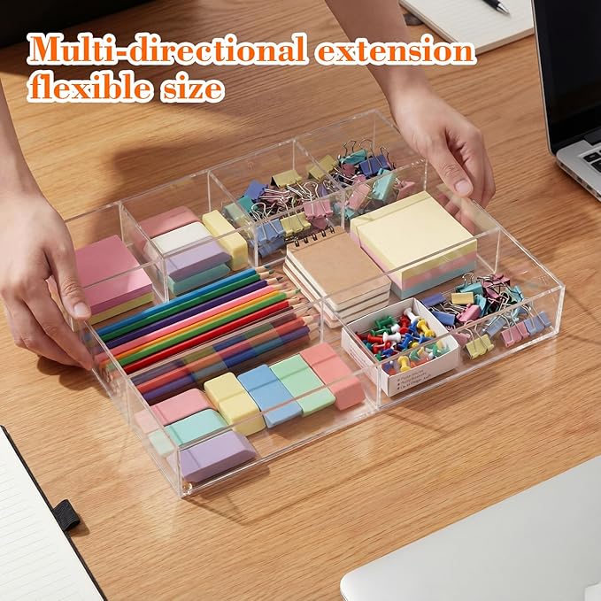 Briwooody Large Acrylic Desk Deep Drawer Organizer with Adjustable Dividers, Anti-Skip Clear Desk Top Organizer Tray for Pens, Desktop, Office, Bathroom, Kitchen, Makeup Supplies(7 Compartments)