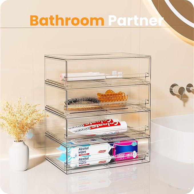 A-LuGei 【𝟰𝗣𝗖𝗦】 Acrylic Stackable Storage Drawers, 11.8" W Makeup Organizer, Bathroom Organizer and Storage, Plastic Storage Bins for Kitchen Cabinet Pantry Medicine Fridge