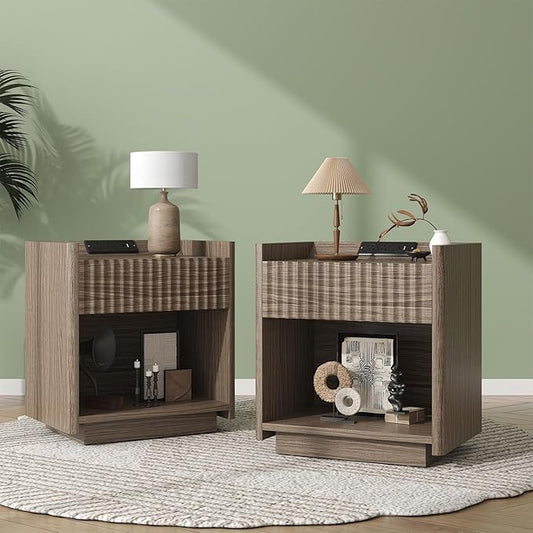 Bigbiglife Fluted Nightstand Set of 2 with Charging Station, 22" Modern Side Table with Drawer End Table with Open Storage, Bedside Table for Bedroom, Living Room, Natural Oak (2, Dark Walnut)