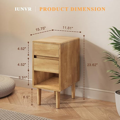 Nightstand 2 Drawers with Open Shelf Narrow Night Stand Solid Wood Bedside Table Mid Century Modern Nightstand Wooden End Table for Bedroom, Living Room, Study, Office
