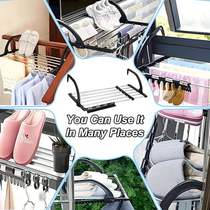 Portable Clothes Drying Rack for Balcony Railings Windowsill, Folding Towel Rack Indoor Outdoor Retractable Laundry Rack with Sock Clips for Drying Socks (Small)