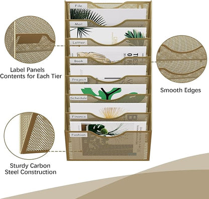 EasyPAG 8 Pocket Mesh Wall File Organizer, Hanging Paper Folder Holder with Classify Label, Vertical Wall Mount Mail Organizer for Office Home Classroom, Gold