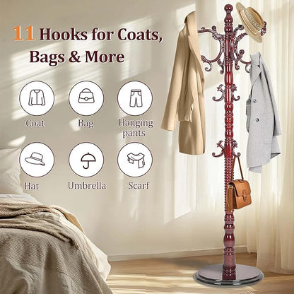 73" Wooden Coat Rack Freestanding, Coat Rack Stand With 18 Hooks And Round Solid Wood Base，Adjustable Height, Easy To Assemble For Entrance Hallway Office Living Room Bedroom