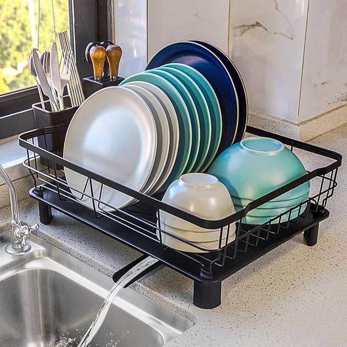 Dish Drying Rack - Small Dish Rack for Kitchen Counter, Stainless Steel Dish Drainer with Utensil Holder and Drainboard