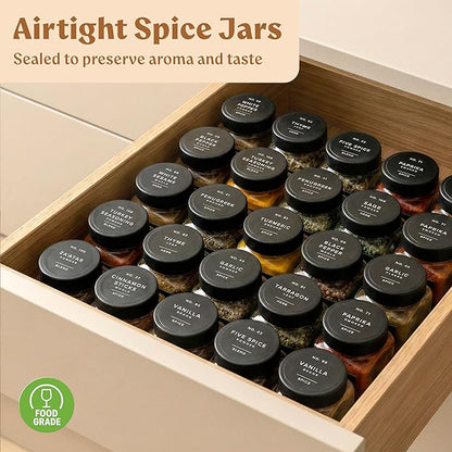 Glass Spice Jars with Labels (24 x 4oz) Spice Containers with 240 Labels, Shaker Inserts, Funnel, Empty Square Empty Square Seasoning Organizer (Black Lids)
