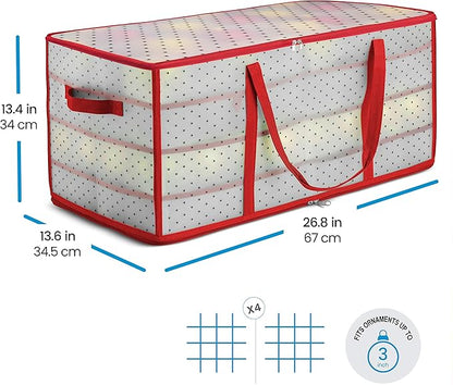 ZOBER Christmas Ornament Storage Box - Stores 128 Ornaments W/ 2 Sided Zipper - Flexible Plastic Christmas Ornament Storage Containers - 3 Inch Cube Compartments - Red