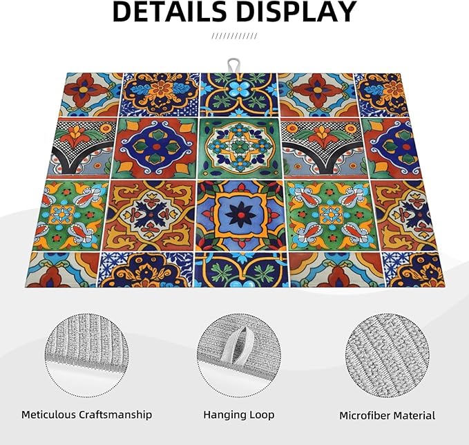 Talavera Mexican Tiles Dish Drying Mat For Kitchen Counter, Super Absorbent Microfiber Dish Drying Pad, Kitchen Gadgets For Easy Clean Multi-Use Large 18"x24"
