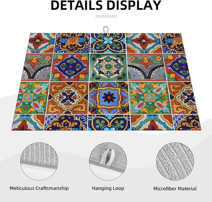 Talavera Mexican Tiles Dish Drying Mat For Kitchen Counter, Super Absorbent Microfiber Dish Drying Pad, Kitchen Gadgets For Easy Clean Multi-Use Large 18"x24"