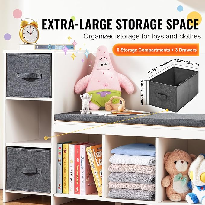 VEVOR Kids Reading Nook Bench, Toddler Bookshelf and Bookcase with Detachable Seat Cushion, 6-Cubby Storage Organizer Bench with 3 Drawers, Ideal for Playroom, Bedroom, Living Room or Entryway, White