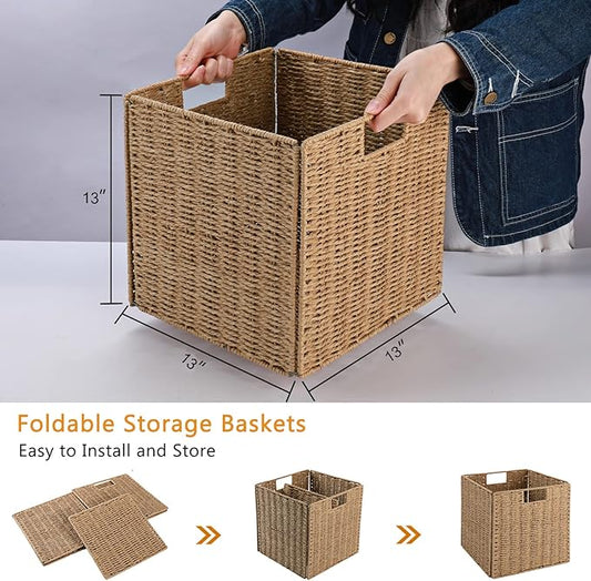 Vagusicc Wicker Baskets, Set of 2 Hand-Woven Storage Baskets for Shelves with Handles, Foldable Cube Wicker Storage Basket Bins Organizer 13 Inches Large Woven Baskets for Storage Organizing & Decor