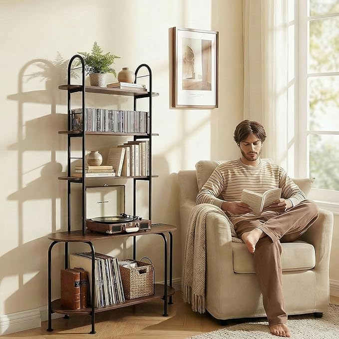 5-Tier CD Storage Rack, Record Player Stand with Storage, DVD Organizer Shelf with Adjustable Book Stoppers, Media Storage Rack for CD/DVD, Books, Games, for Living Room, Bedroom, Home Office, Walnut