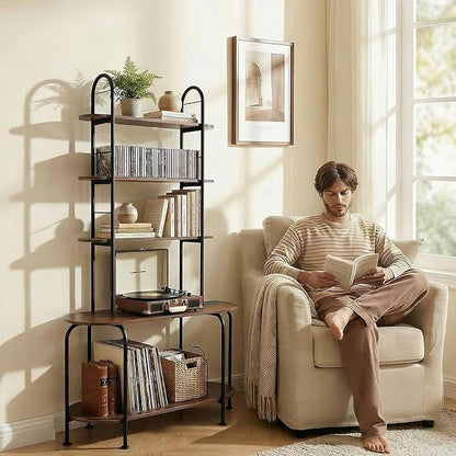 5-Tier CD Storage Rack, Record Player Stand with Storage, DVD Organizer Shelf with Adjustable Book Stoppers, Media Storage Rack for CD/DVD, Books, Games, for Living Room, Bedroom, Home Office, Walnut