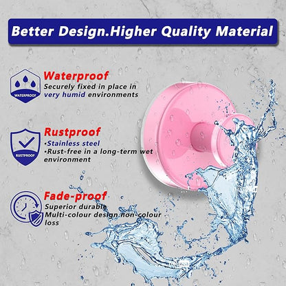 Suction Cup Hooks for Shower,Removable No Drill Towel Hooks,Upgraded 15 lbs Strong Suction hooks for Bathroom Tile,Shower Wall,Glass Door,Kitchen-Loofah,Coat,Stainless Waterproof-Pink 2 Pcs