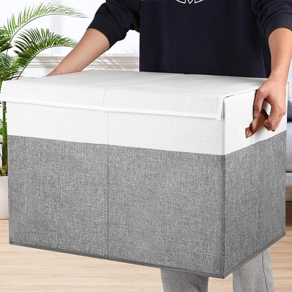 Large Toy Storage Box with Lid, Sturdy Toys Storage Chest Bin Organizer Basket with Dividers for Kids, Boys, Girls, Nursery, Closet, Bedroom, Playroom 26"x17" x17" (Grey and White)