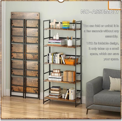 4NM No Assembly 5 Tiers Collapsible Book Shelves, 51.2" H Folding Bookshelf Bookcase Open Industrial Foldable Shelves for Bedroom, Living Room, Home Office - Rustic Brown Black