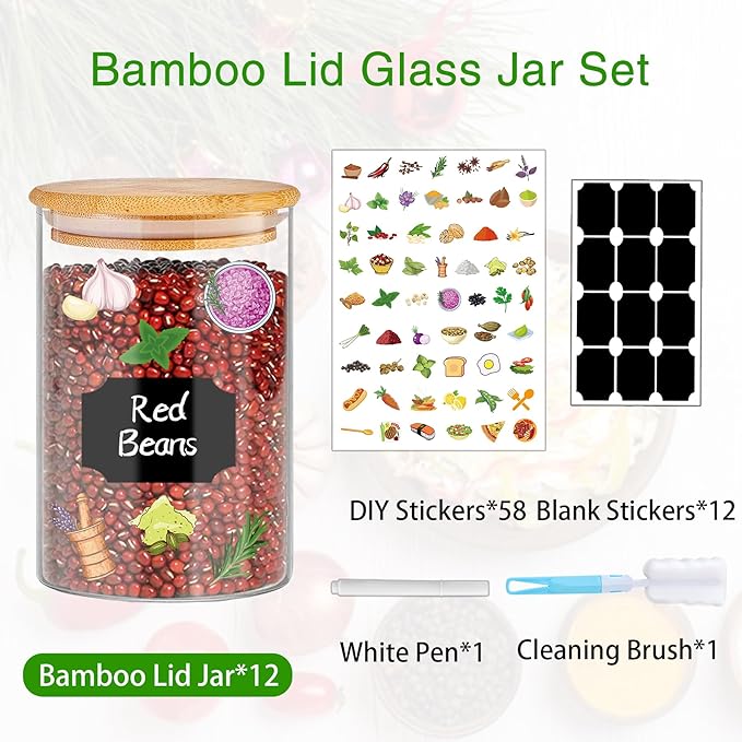 Glass Jars with Bamboo Lids 20 oz, 12 Pcs Stackable Kitchen Glass Pantry Storage Containers with Airtight Bamboo Lids for Rice, Candy, Sugar, Flour, Nuts, Cookie, Bean