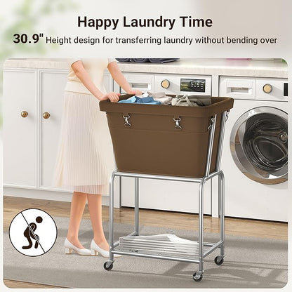 ELYKEN Laundry Cart with Wheels, Rolling Laundry Hamper with Removable Bag and Shelf, Metal Frame Laundry Basket with 4 Casters and 2 Brakes, Ideal for Bedroom, Bathroom, Laundry Room, Camel Brown
