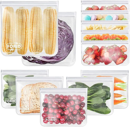 FORID Reusable Storage Bags, 12 Pack Extra Thick Freezer bags (2 Reusable Gallon Bags, 5 Reusable Sandwich Bags, 5 Reusable Snack Bags) FDA Grade LEAKPROOF Lunch Bag for Food Travel Items Storage