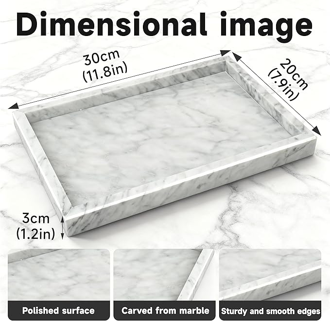 MARBLOC 12"x8" Marble Tray White Rectangular Bathroom Tray countertop, Vanity & Kitchen | Includes Mirror Wiper and Wash Towel | Decorative Organizer for Perfume, Jewelry & Home Decor
