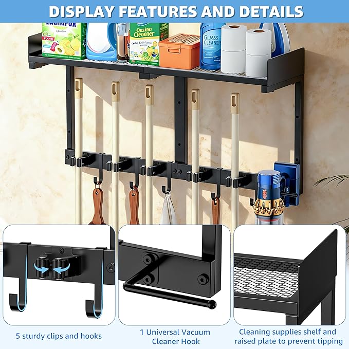 Heavy Duty Broom Holder Wall Mount with Grid Shelf, 5 Adjustable Hooks & Vacuum Hanger | All-in-One Cleaning Supplies Organizer for Laundry Room, Garage, Kitchen Storage