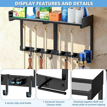 Heavy Duty Broom Holder Wall Mount with Grid Shelf, 5 Adjustable Hooks & Vacuum Hanger | All-in-One Cleaning Supplies Organizer for Laundry Room, Garage, Kitchen Storage