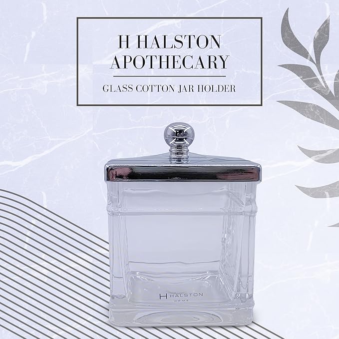 Indecor Home Apothecary Glass Cotton Jar Holder Silver Stainless Steel Lid, Elegant Bathroom Storage Canister for Qtips, Cotton Balls, Floss, Makeup Organizer, Vanity Bathroom Organization
