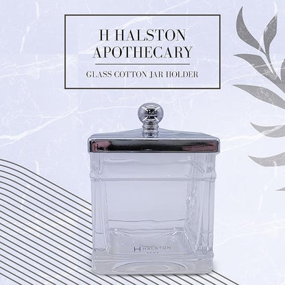 Indecor Home Apothecary Glass Cotton Jar Holder Silver Stainless Steel Lid, Elegant Bathroom Storage Canister for Qtips, Cotton Balls, Floss, Makeup Organizer, Vanity Bathroom Organization