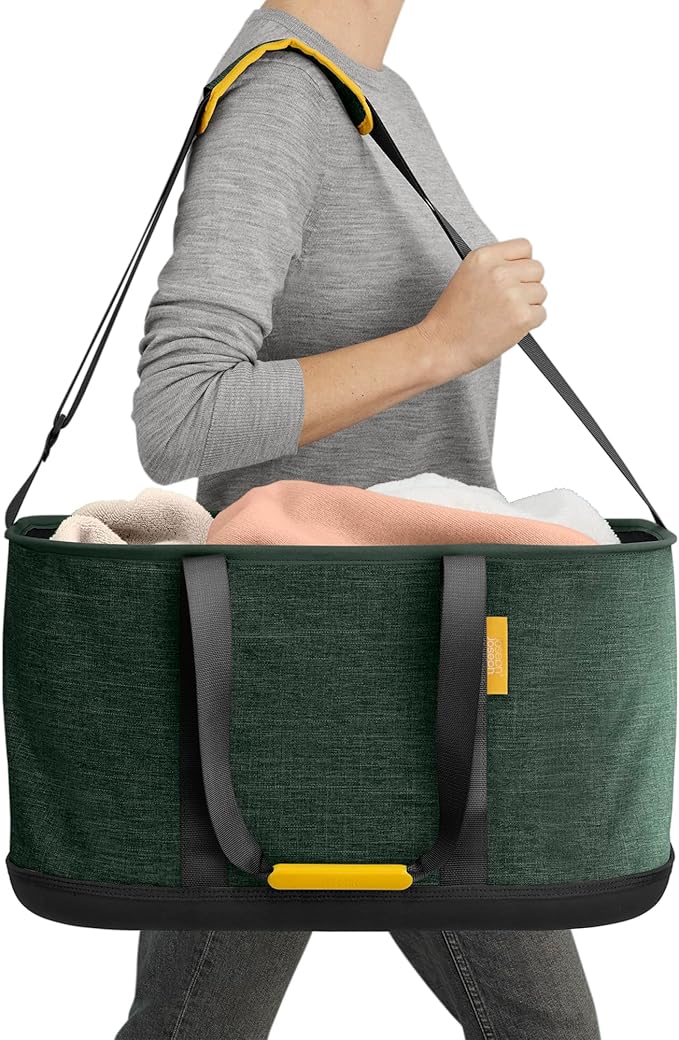 Joseph Joseph Hold-All Collapsible 45L/11.89 Gallon Outdoor Washing Laundry Basket with Shoulder Strap, Durable Fabric, Waterproof Base (Dark Green)