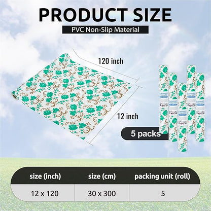 12X120 Inch Shelf Liner for Kitchen Cabinets, PVC Drawer Liner for Dresser Non-Slip Bathroom, Non-Adhesive Cabinet Liner Washable (Green Floral)(5 Roll)