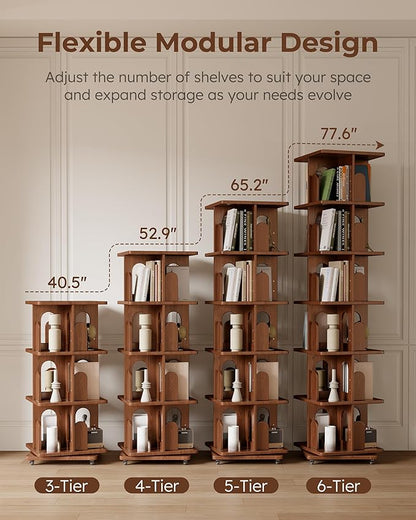 Solid Wood Rotating Bookshelf Tower with Book Ends, 6 Tier Corner Book Shelf with Wheels, Spinning Bookshelf Kids, Revolving Bookcase Shelf, Tall Narrow Book Case for Small Spaces, Walnut