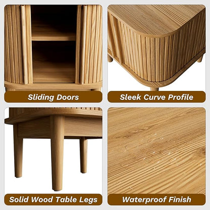 Fluted Nightstand with Sliding Doors, Modern Bedside Table with Solid Wood Legs, Wood Night Stand for Bedroom (Natural)