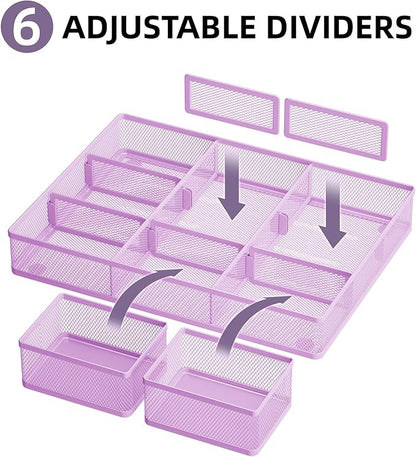 Marbrasse 3 Packs Desk Drawer Organizers, Metal Mesh Dividers with 9 Adjustable Compartments, Pen Organizer for Drawer Tray Box Accessories for Desktop,Kitchen, Makeup(Purple)