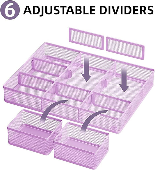 Marbrasse 3 Packs Desk Drawer Organizers, Metal Mesh Dividers with 9 Adjustable Compartments, Pen Organizer for Drawer Tray Box Accessories for Desktop,Kitchen, Makeup(Purple)