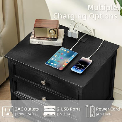 Joaxswe Farmhouse Nightstand with Charging Station, 24" Wide End Table with 3 Drawers,Wood Dresser Cabinet for Bedroom, Bed Side Table Chest of Drawers,Night Stand for Living Room, Closet,Black