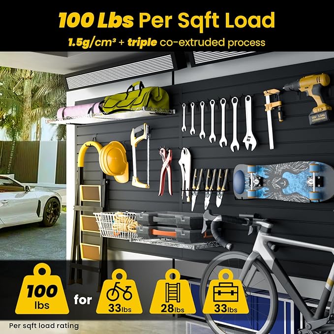 SlatWall Paneling 4x2 FT, PVC Slat Wall Panels with 8 Hooks Heavy-Duty Garage Organization System, Slatwall Pegboard Suitable for Home、Garage、Shop Wall Display & Organization (Black)