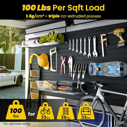 SlatWall Paneling 4x2 FT, PVC Slat Wall Panels with 8 Hooks Heavy-Duty Garage Organization System, Slatwall Pegboard Suitable for Home、Garage、Shop Wall Display & Organization (Black)