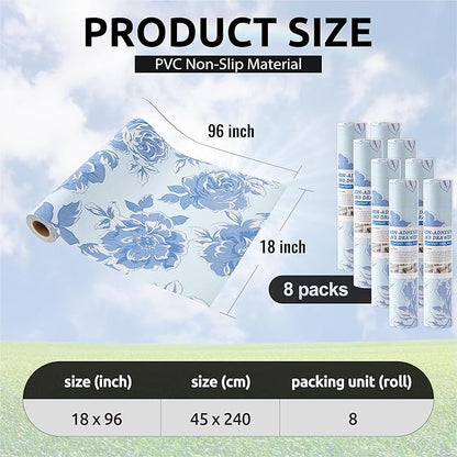 FIFTY FEET 18X96 Inch Shelf Liner for Kitchen Cabinets, PVC Drawer Liner for Dresser Non-Slip Bathroom, Non-Adhesive Cabinet Liner Washable (Blue Flower)(8 Roll)