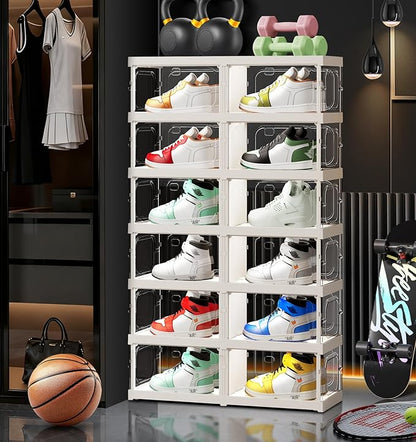 CIMLORD 6-Tier 12-Pairs Foldable Shoe Rack with Magnetic Doors,4-Sided Clear Design,Taller Storage for High Shoes & Sneakers,Stackable Shoe Storage Cabinet Space-Saving Organizer for Closet,Cloakroom
