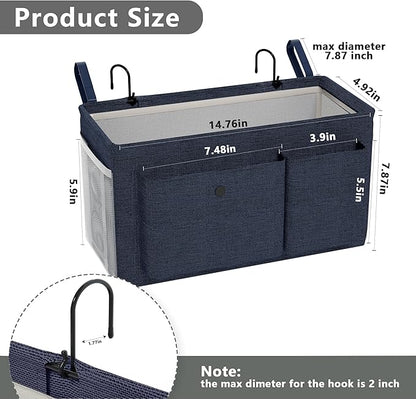 Edudif Bedside Caddy Bedside Organizer with Fixed Straps & Water Bottle Holder, Bunk Bed Caddy ideal for Home, Dorm, Hospital, Crib, Versatile Bedside Storage Solution (Navy)