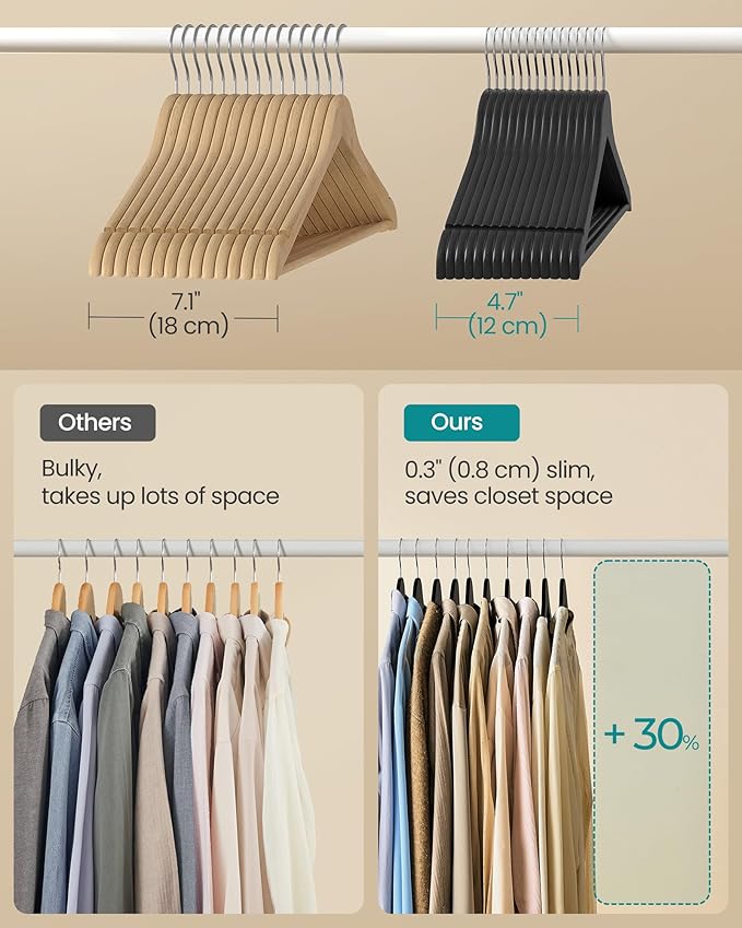 SONGMICS Wooden Hangers, Pack of 30, Coat Hangers, Pants Bar, 360° Swivel Hooks, Solid Birch Wood, Space Saving, for Jackets, Shirts, Coats, Ink Black UCRW030B01