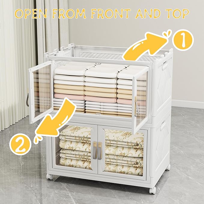 Vavkorkula Large Stackable Storage Bins with Lids, 330QT-165QT*2Tier Foldable Cabinet for Closet Organizers, Plastic Storage Containers Box with Wheels