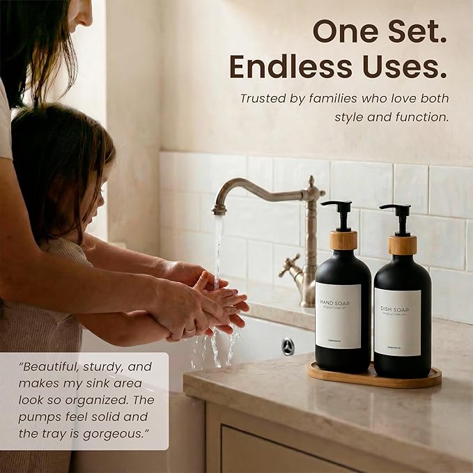 Maisonovo Glass Soap Dispenser Bathroom Set | Hand Soap and Dish Soap Dispenser Set | 16.9oz Amber Bottles with Black Bamboo Pump | Bathroom Lotion Dispenser Set of 2