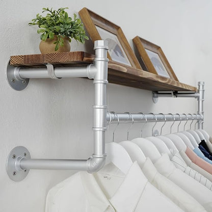 WEBI Wall Mounted Clothes Rack with Shelf,41.3" Industrial Pipe Clothing Rack with Shelf with Hanging Rod,Heavy Duty Iron Garment Rack Bar,Retail Display Clothes Rod for Laundry Room,Closet,Silver