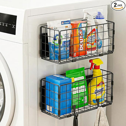Enkrio 2 Pack Magnetic Basket for Laundry Room & Fridge Side, Large Metal Fruit Potato Onion Storage Bin with Strong Magnets & Hooks, Magnetic Organizer Shelf for Refrigerator