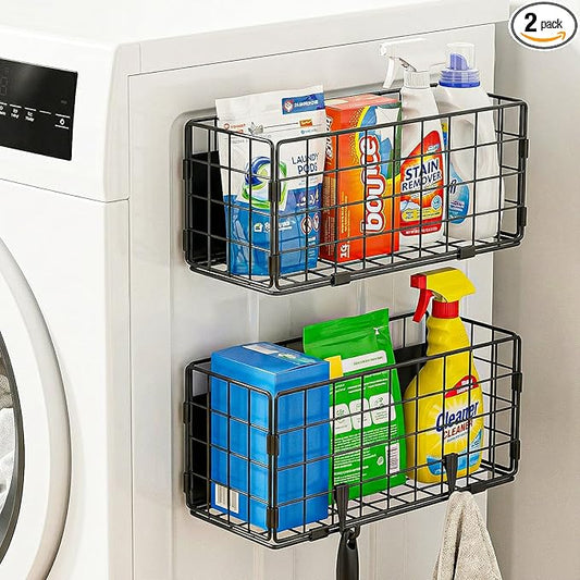 Enkrio 2 Pack Magnetic Basket for Laundry Room & Fridge Side, Large Metal Fruit Potato Onion Storage Bin with Strong Magnets & Hooks, Magnetic Organizer Shelf for Refrigerator