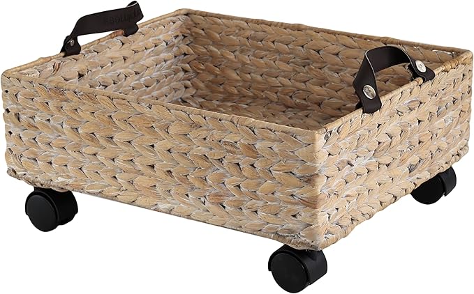 happimess BSK2014C Adaline 18.11" Classic Farmhouse Handwoven Hyacinth Rectangular Underbed Storage Bin with Wheels and Handles for Storage and Decoration in Bathroom, Bedroom, Closet, White Wash