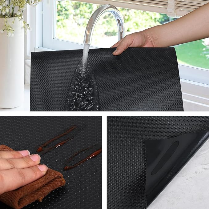 Black Shelf Liners for Kitchen Cabinets Non Adhesive Drawer Liner for Bathroom Waterproof Refrigerator Liners for Shelves Fridge Plastic Mats Cabinet Cupboard Liner 23.6 x 236.2 Inches